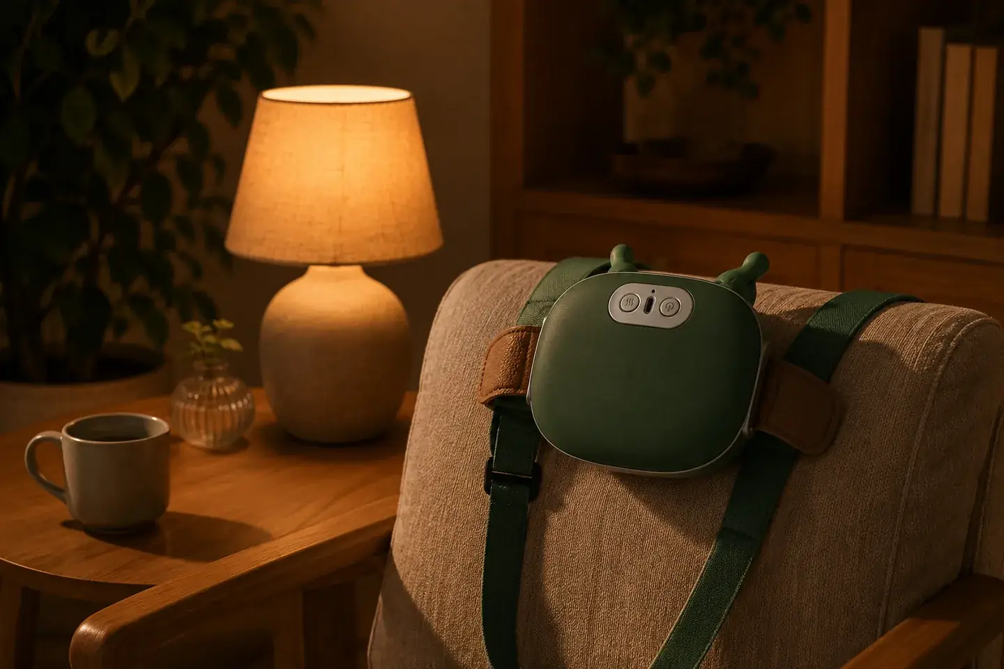 L’apparecchio Nucalma appoggiato allo schienale di una poltrona in un salotto la sera, accanto a una lampada accesa e a una tazza