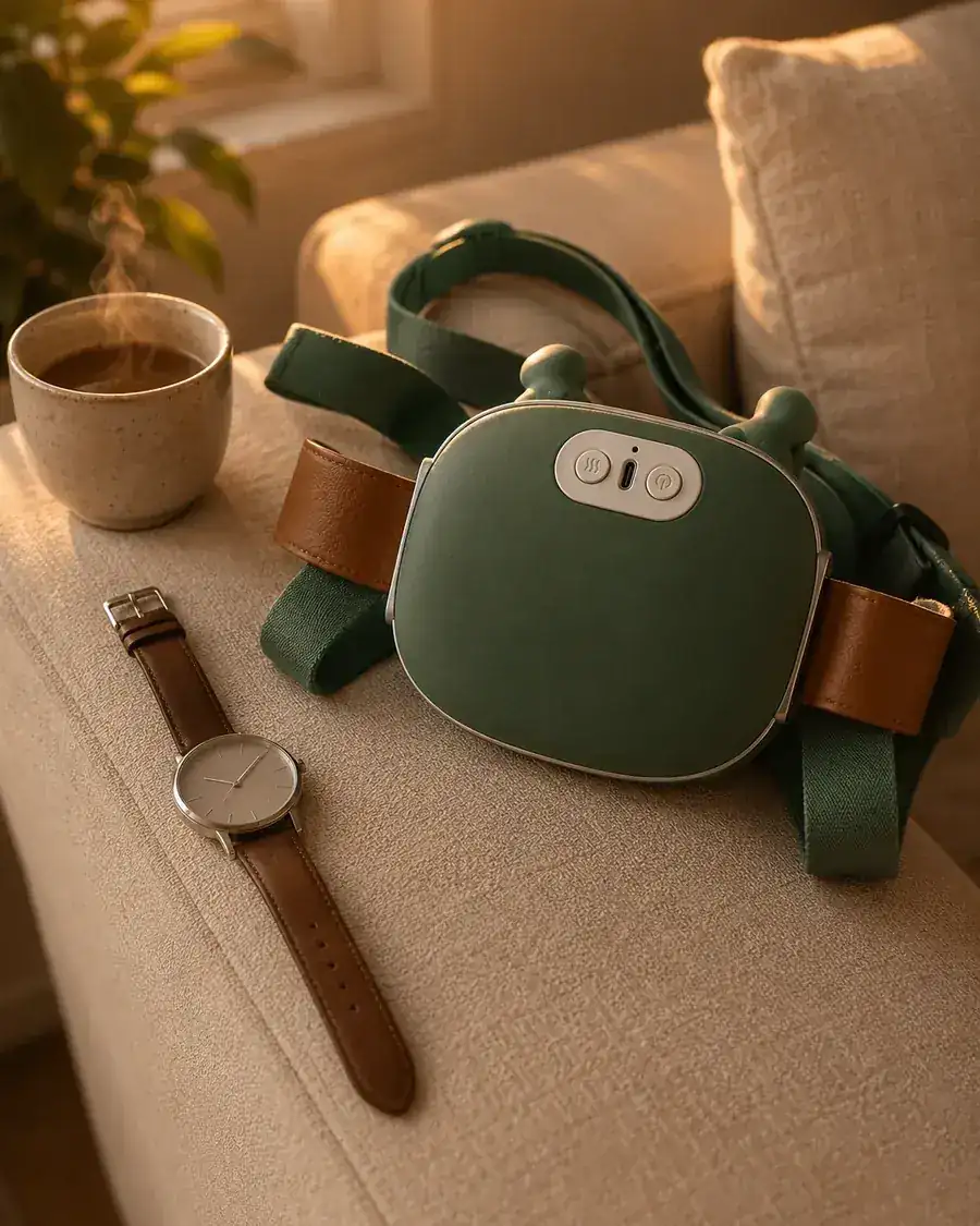 L’apparecchio posato sul bracciolo di un divano, accanto a una tazza fumante e a un orologio, a fine giornata