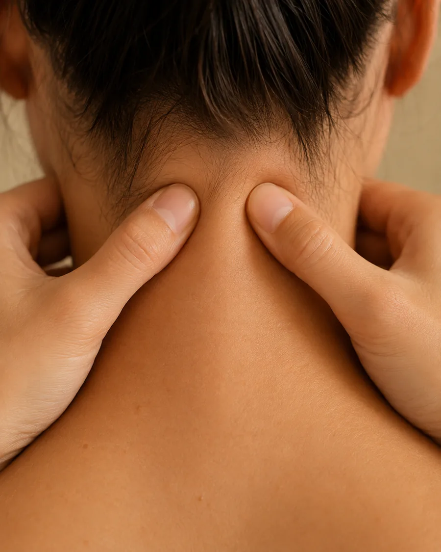 Due pollici che premono ai lati della colonna alla base di un collo scoperto